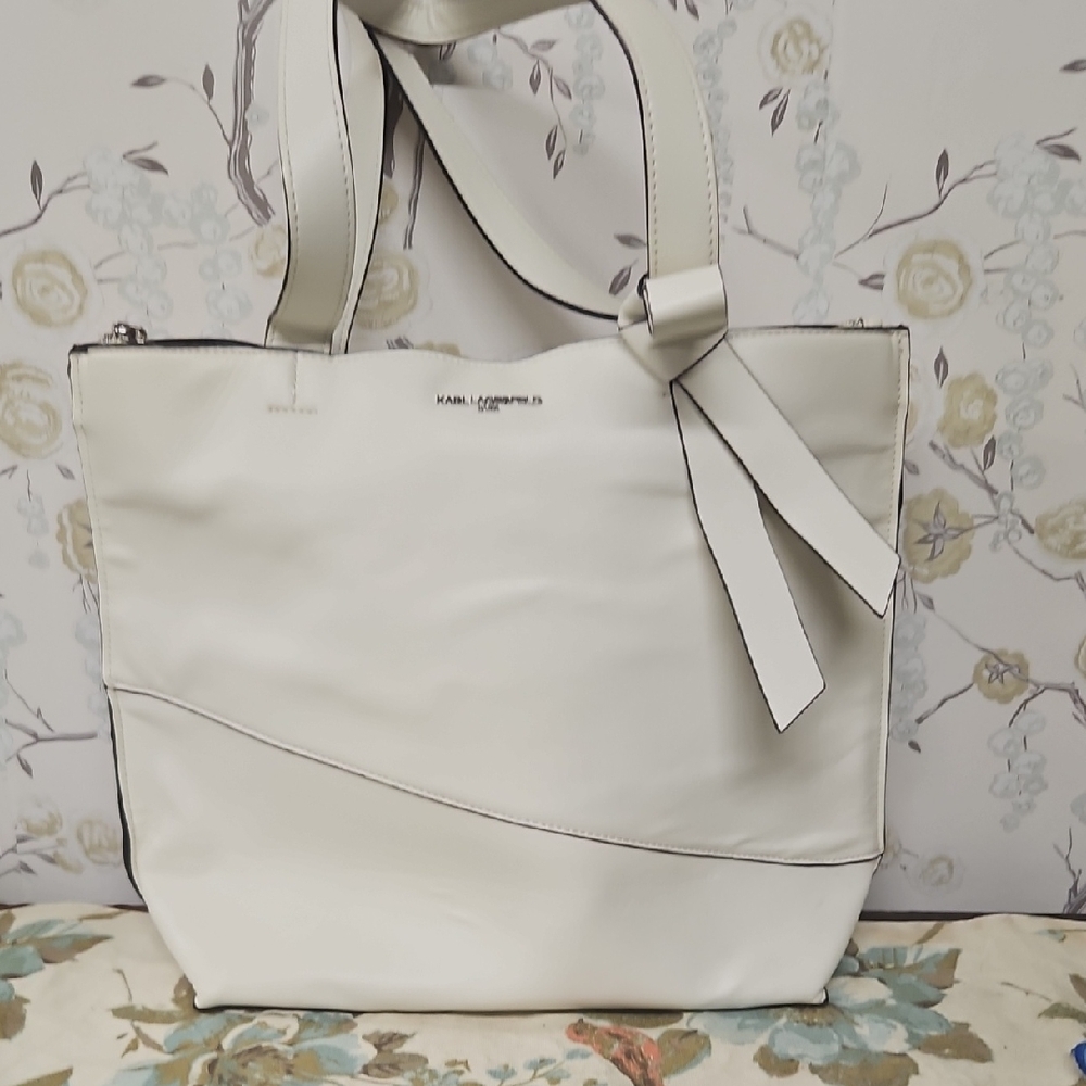 Karl Lagerfeld Cream Tote Bag with Bow Accent
